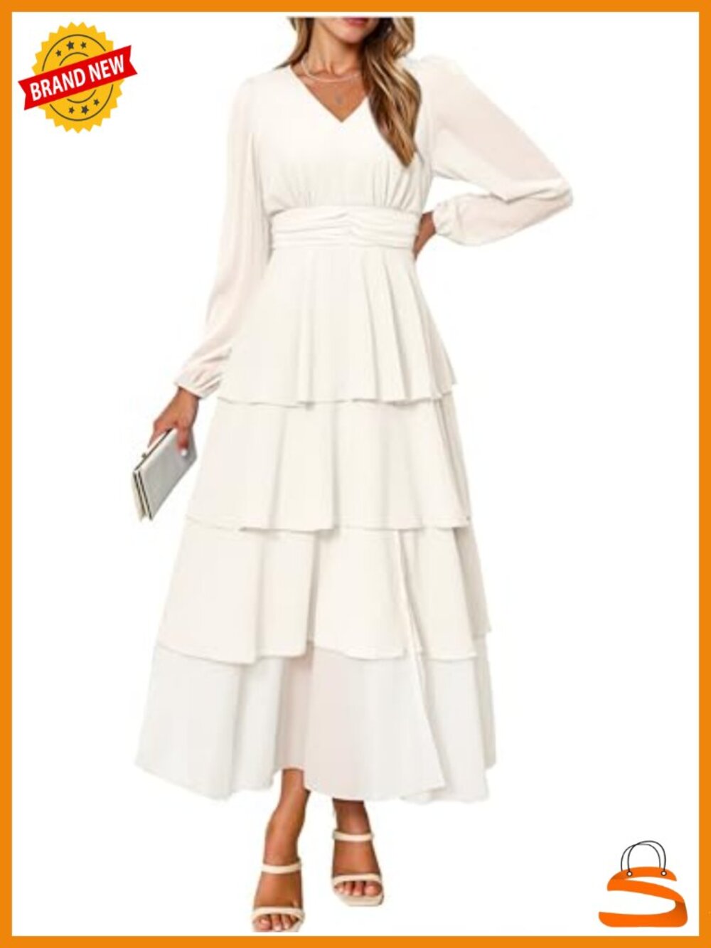 Chiffon Flowy Maxi Dress Long Sleeve V Neck Tiered Boho Wedding Guest